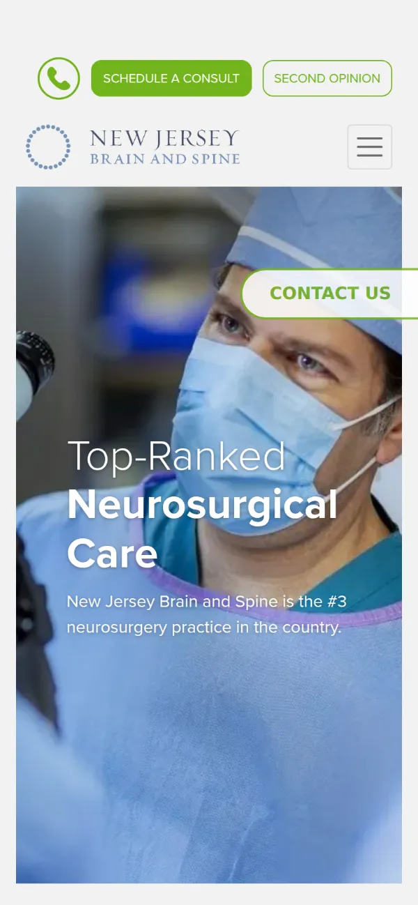 The New Jersey Brain and Spine website on a phone: a surgeon under the headline Top-Ranked Neurosurgical Care
