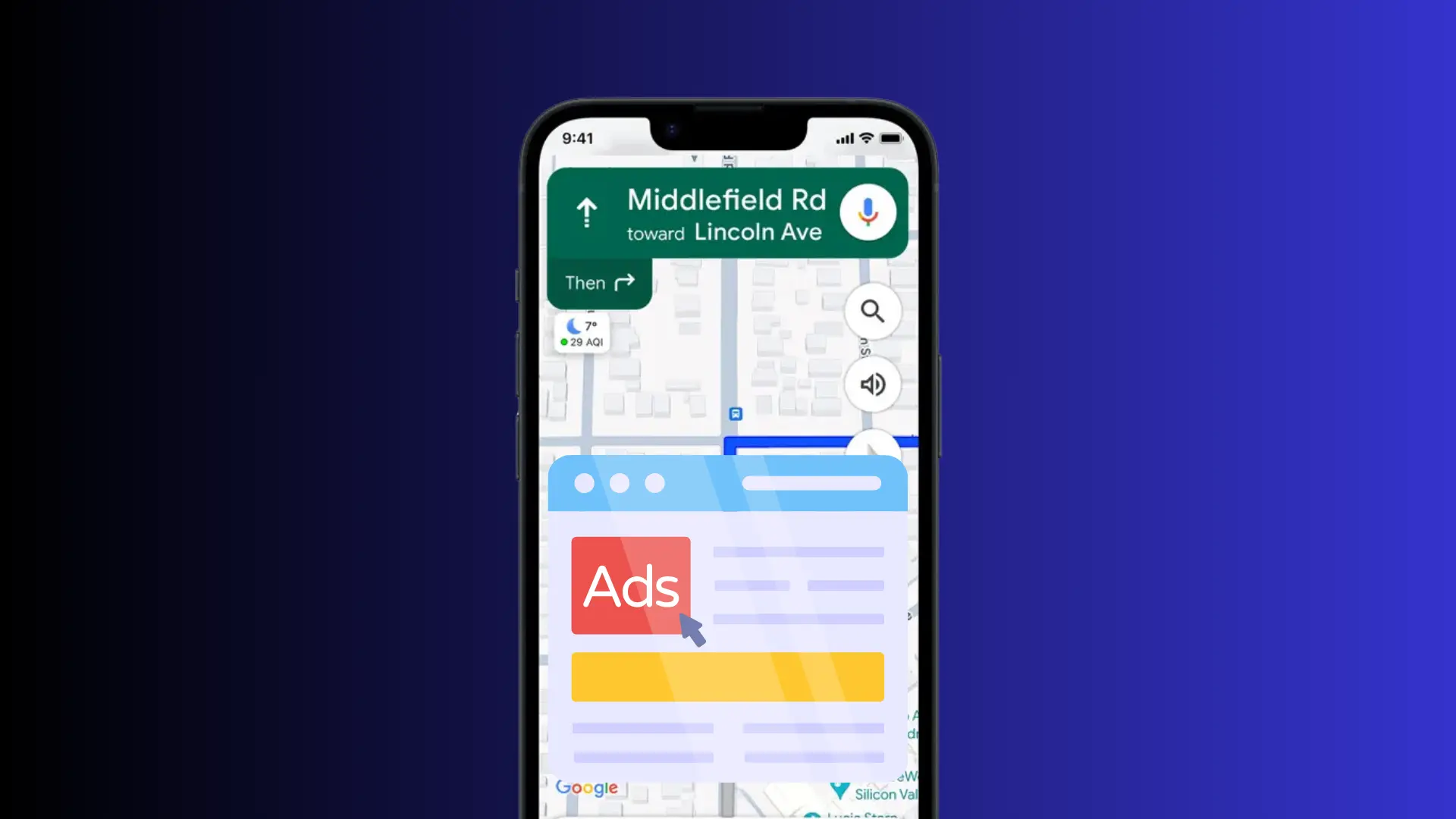 A phone showing Google Maps directions with a sponsored listing in the results