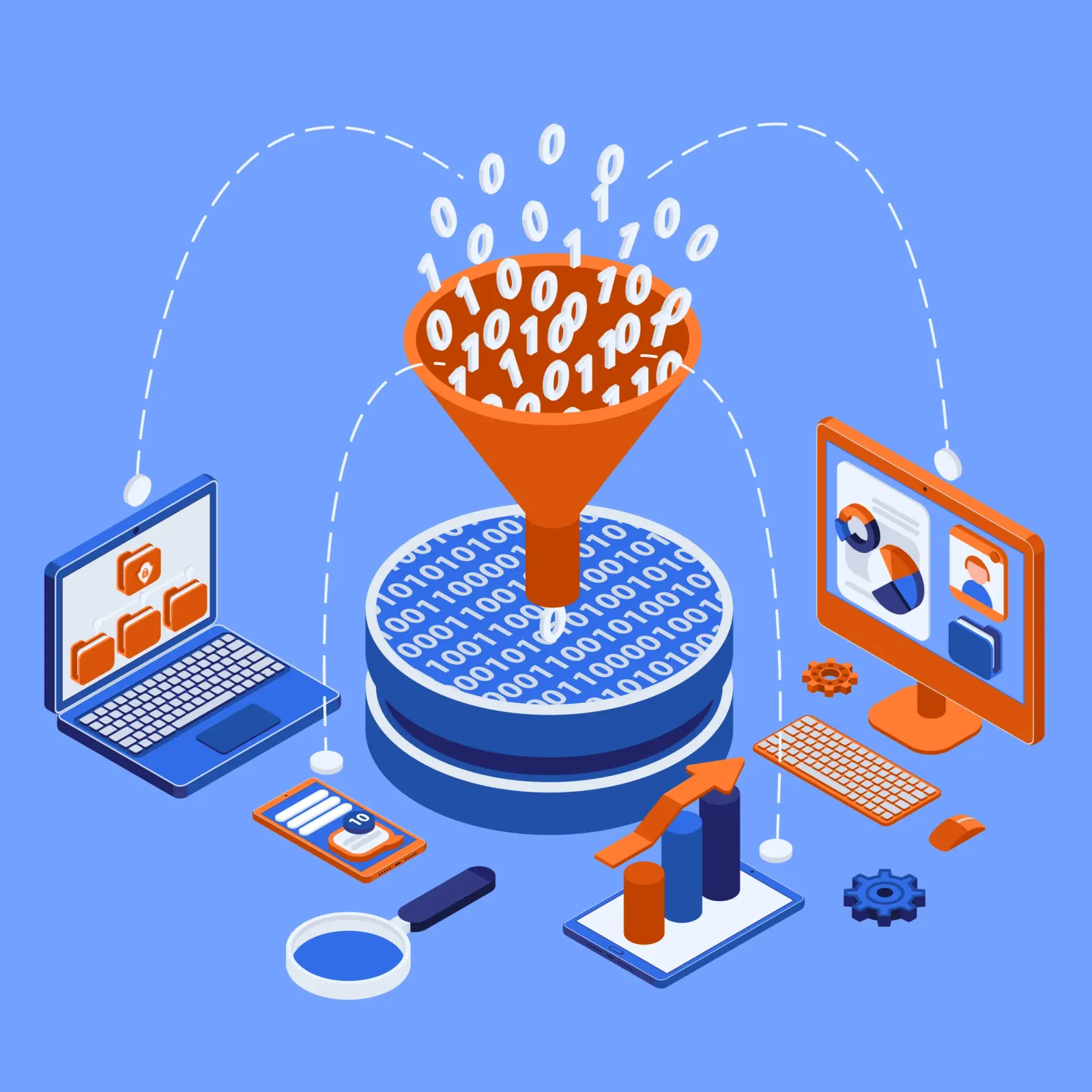 Isometric illustration of data pouring through a funnel into charts and dashboards