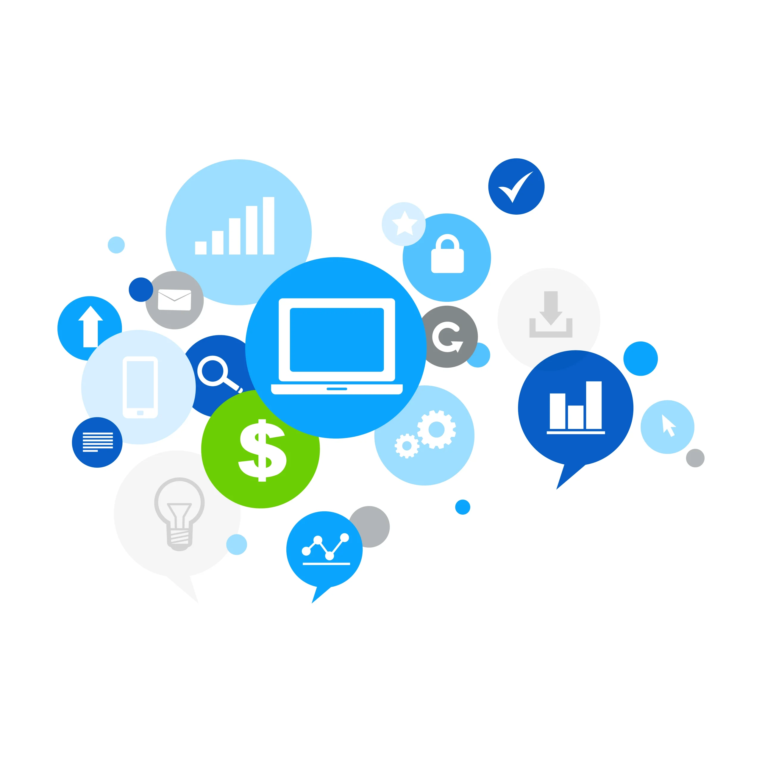 A laptop surrounded by icons for analytics, payments, security and messaging
