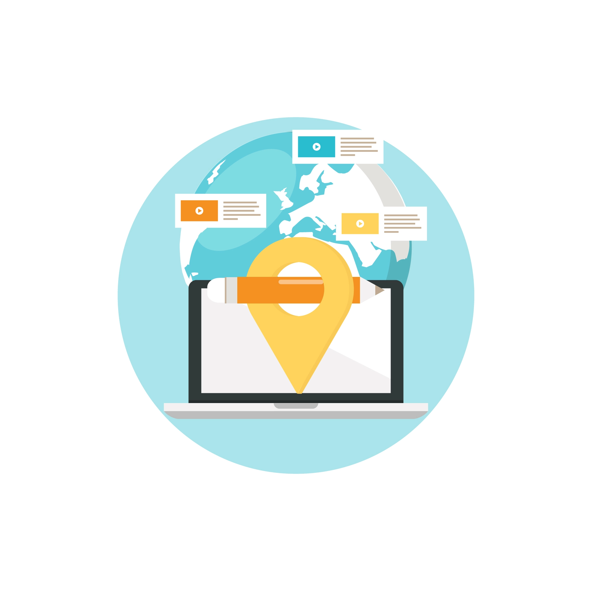 Illustration of a laptop with a map pin and search results circling a globe