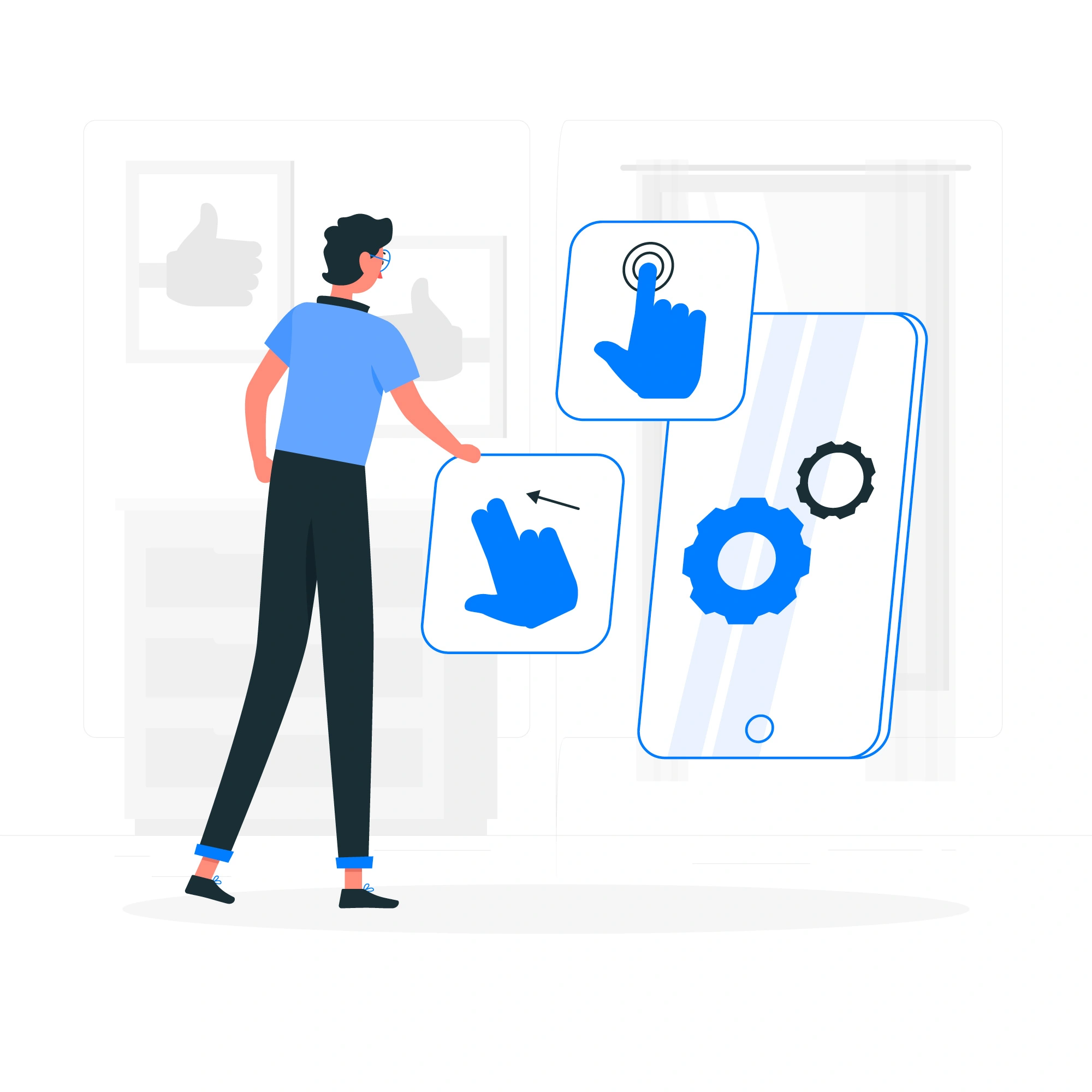 Illustration of a person tapping through app screens and settings