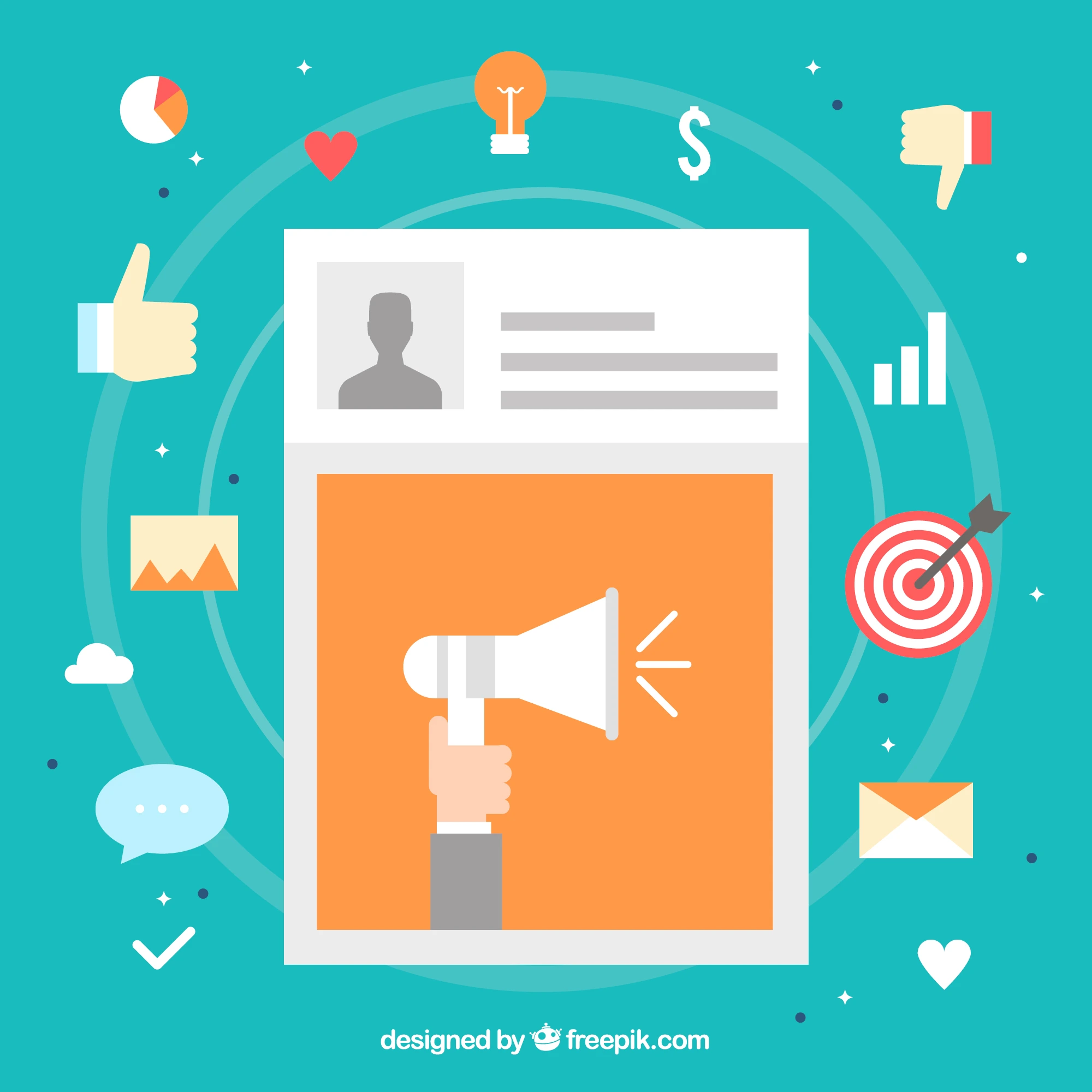 Illustration of a social post with a megaphone, surrounded by likes, messages and analytics icons